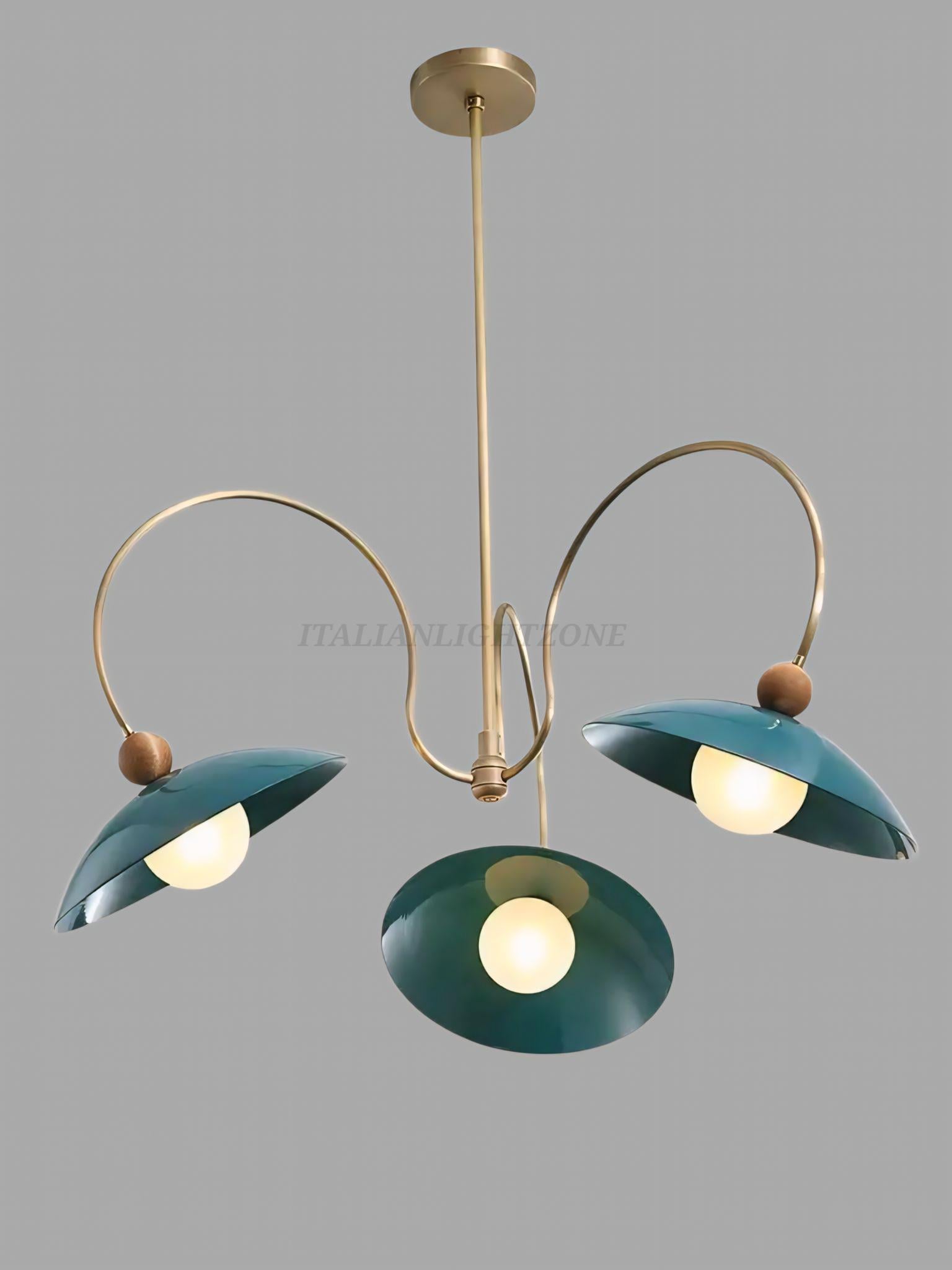 1920s Mid Century Modern Pendant Light – Brass & Walnut Chandelier with Enamel Shades | Vintage Ceiling Fixture for Dining Room