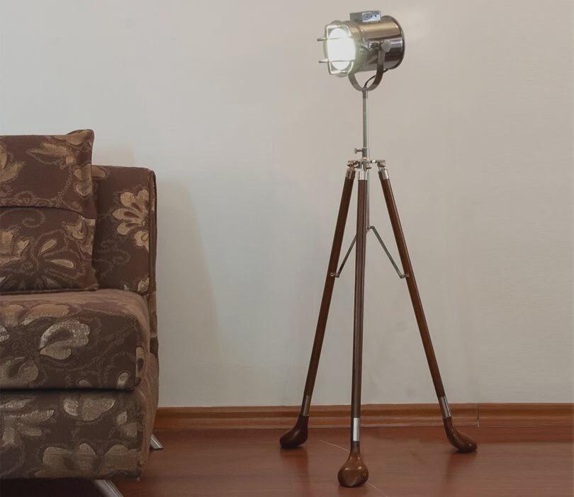 Handmade Wooden Tripod Spotlight Lamp | Golf Design Floor Light | Adjustable Vintage Standing Lamp for Home Decoration