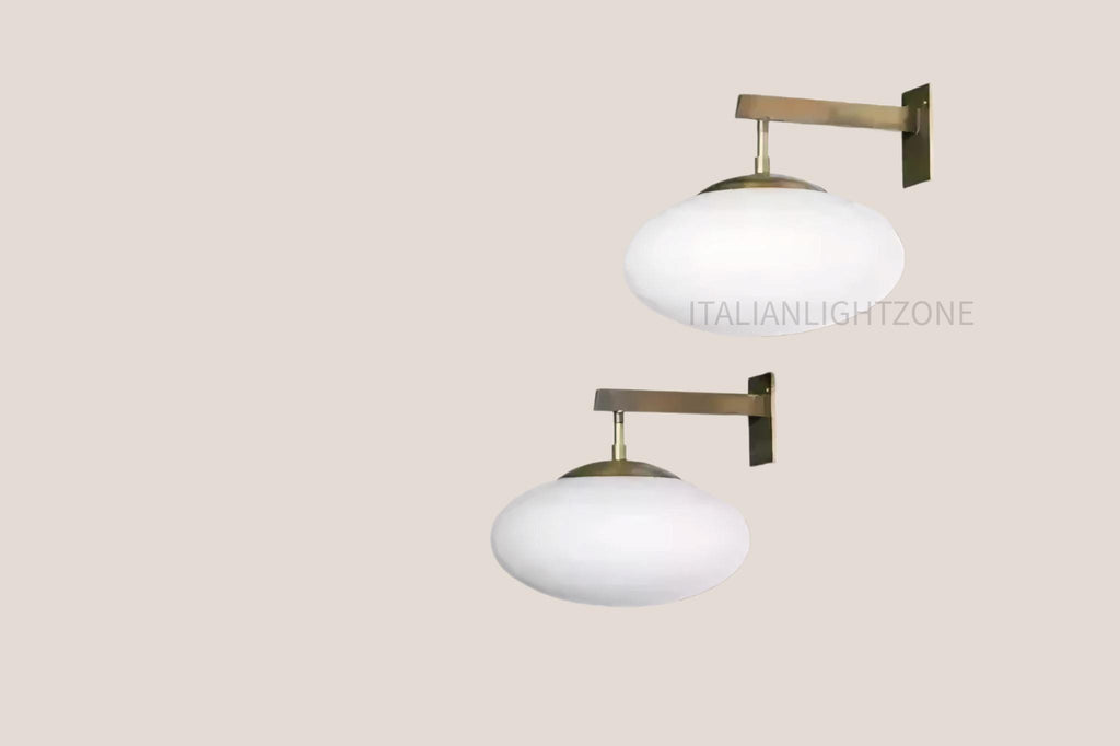 Pair of Mid-Century Opaline Glass Wall Sconces – Italian Stilnovo Style – Brass Vintage Industrial Light – Retro Modern Wall Fixture