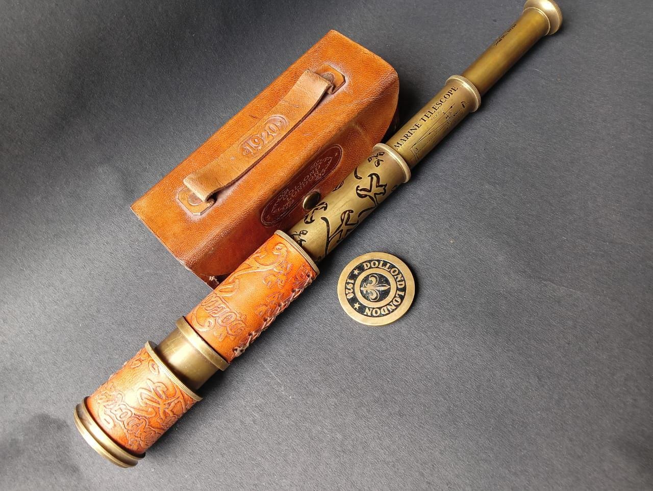 Handmade Antique Brass Pirate Telescope – Dollond London 1920 Spyglass–16” Functional Nautical Marine  Scope with Leather Case Vintage Decor