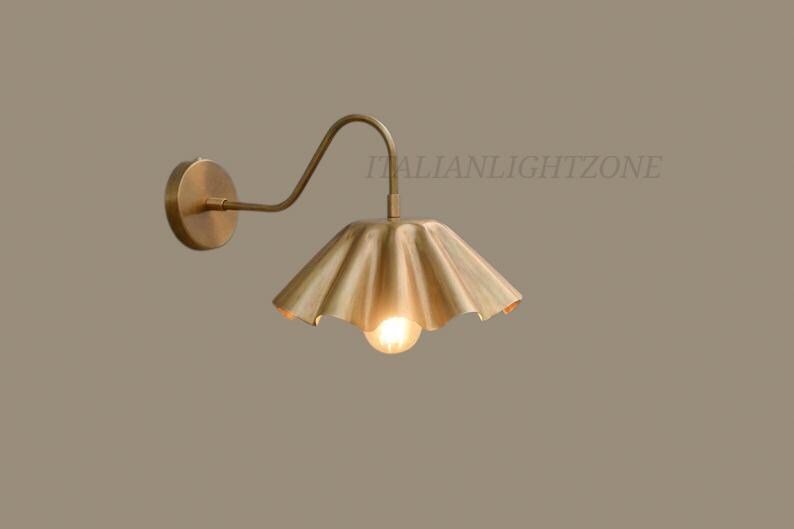Italian Handcrafted Brass Wall Sconce – Mid Century Modern Ruffle Shade Lamp, Vintage Luxury Lighting Fixture for Bedroom & Living Room