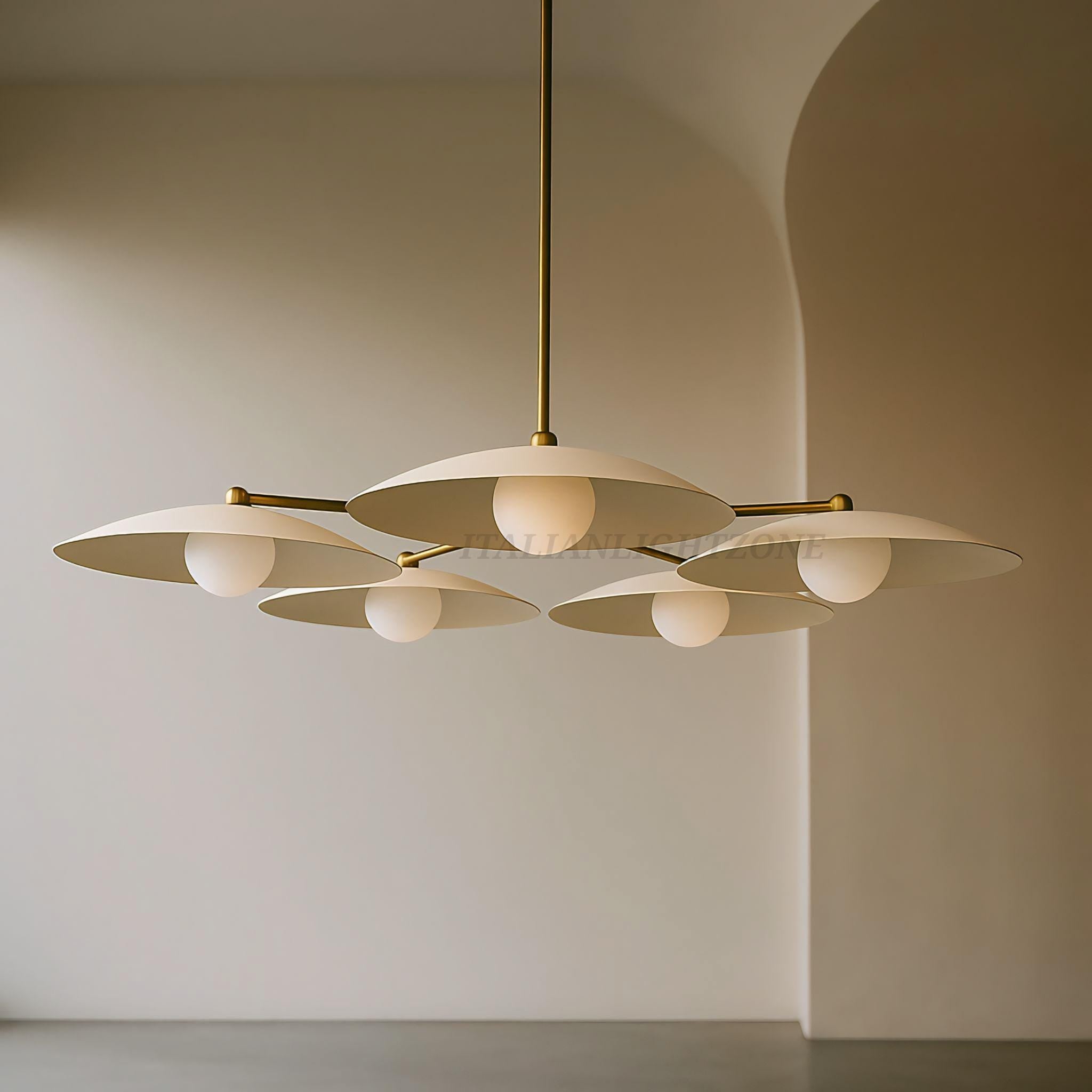Handmade 5-Light Ceiling Chandelier – Mid Century Dining Room Pendant Fixture, Minimalist Brass Disc Ceiling Light for Kitchen & Living Room