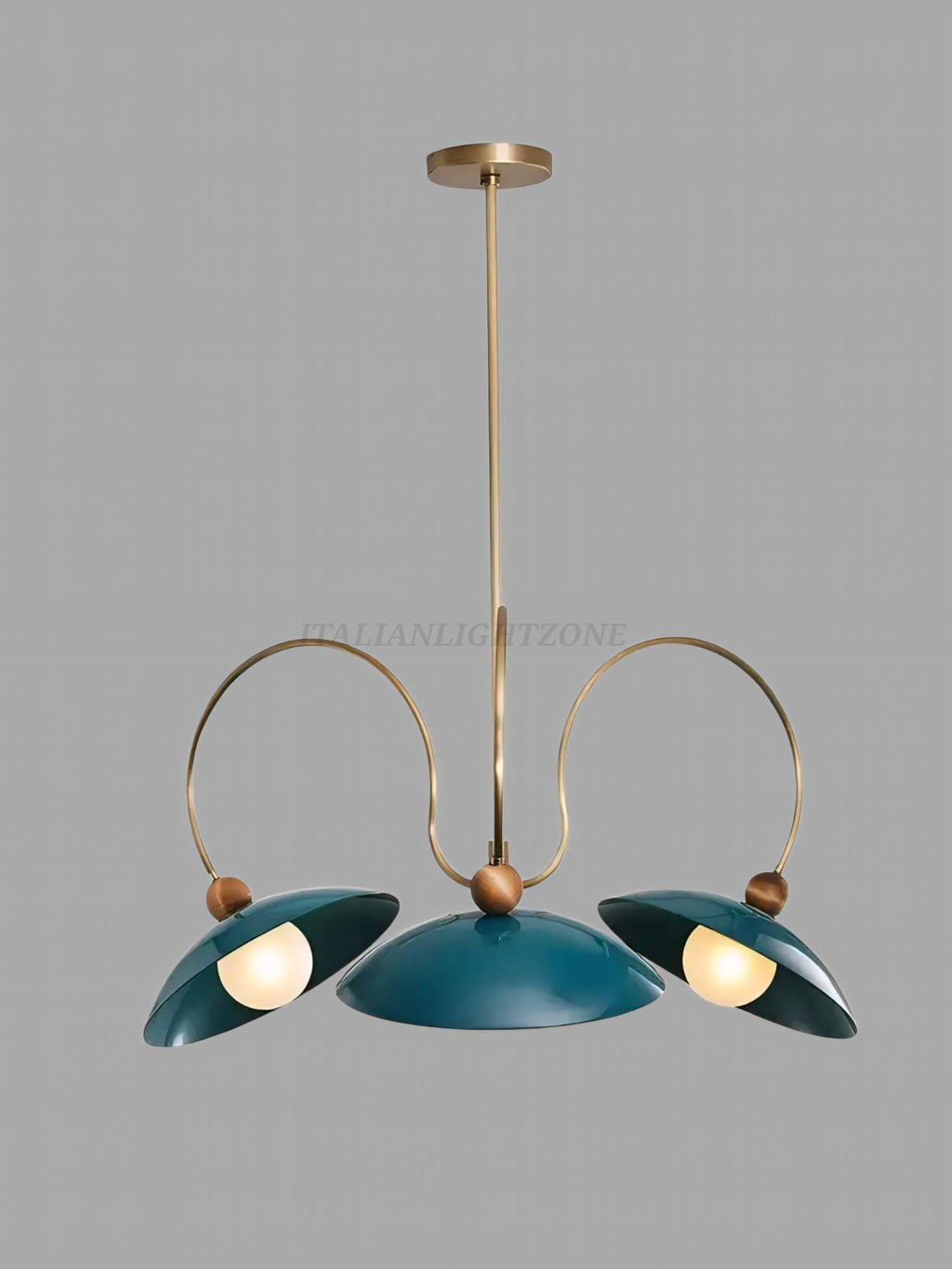 1920s Mid Century Modern Pendant Light – Brass & Walnut Chandelier with Enamel Shades | Vintage Ceiling Fixture for Dining Room