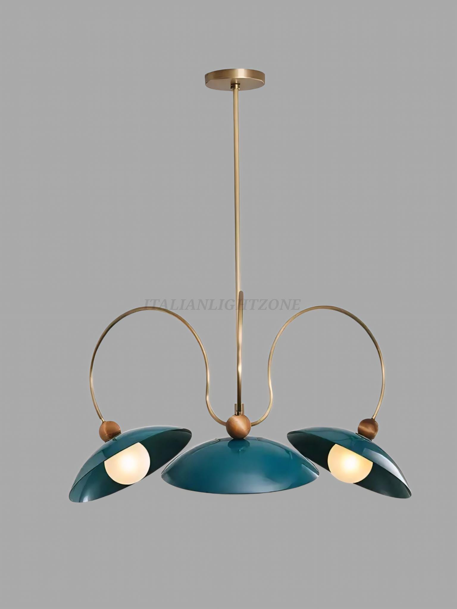 1920s Mid Century Modern Pendant Light – Brass & Walnut Chandelier with Enamel Shades | Vintage Ceiling Fixture for Dining Room