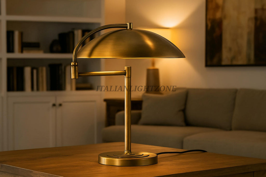 1950s Beautiful large heavyMid Century Modern Brass Desk Lamp with swivel joint Vintage Modern Table Light Dome Shade Adjustable Office Lamp