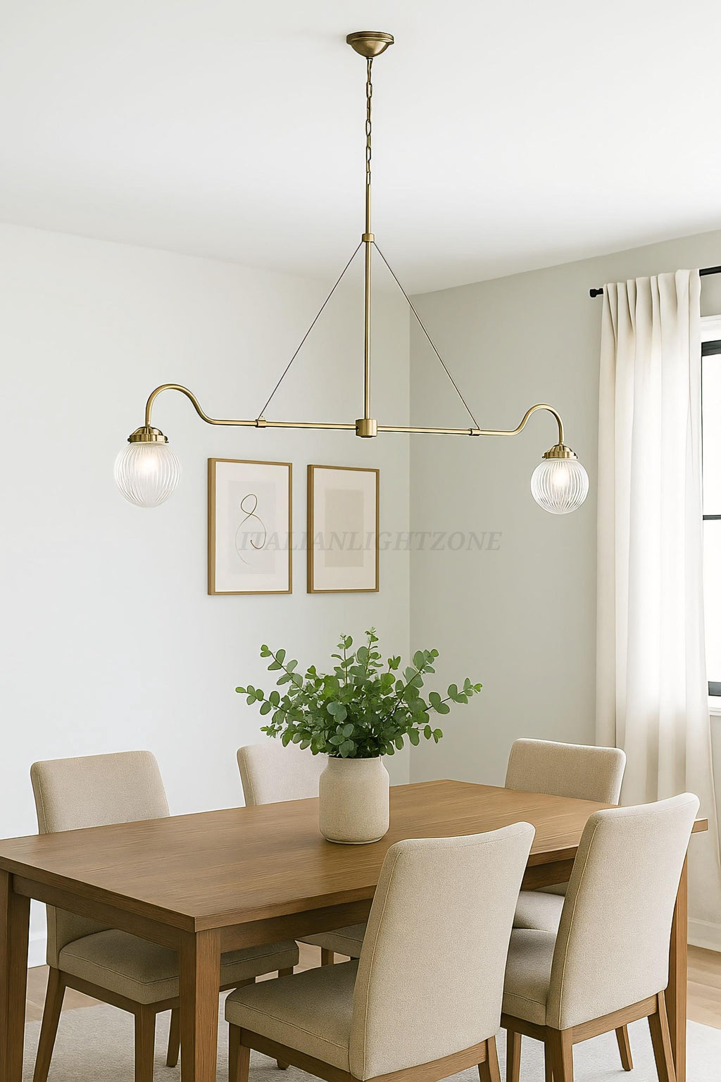 Mid Century Modern Brass Chandelier – 2-Light Sputnik Ceiling Lamp with Ribbed Glass Globes | Semi Flush Mount Lighting for Living Room