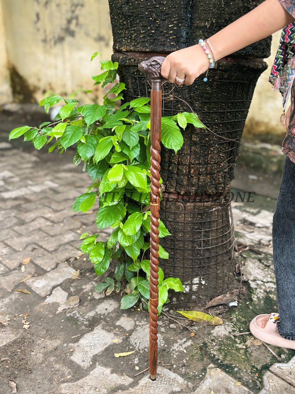 Handmade Wooden Walking Cane with Brass Rabbit Head Handle Spiral Carved Vintage Walking Stick Personalized  for Men & Women Unique Gift