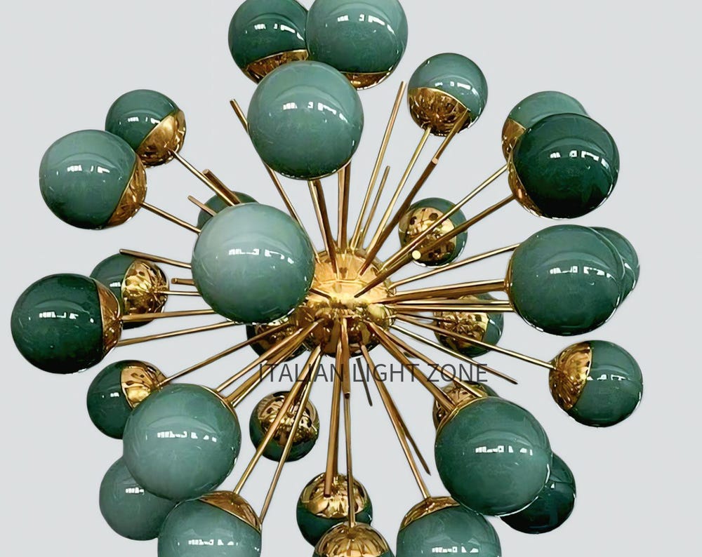 Mid Century Modern Brass Green Glass Sputnik Chandelier