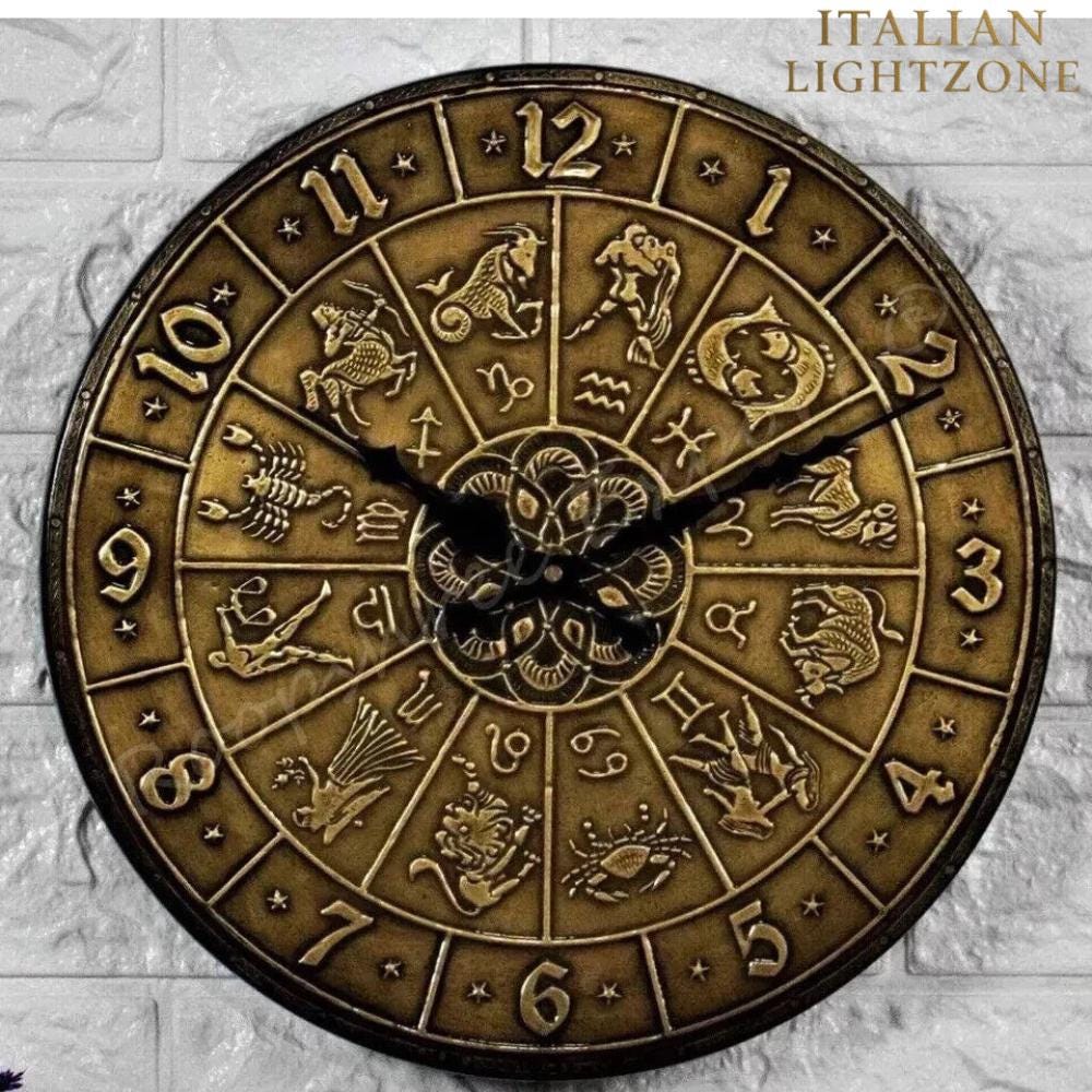 Vintage Zodiac Wall Clock – Handmade Brass & Wood Astrology Clock – Antique Horoscope Wall Decor – Celestial Timepiece – Spiritual Home