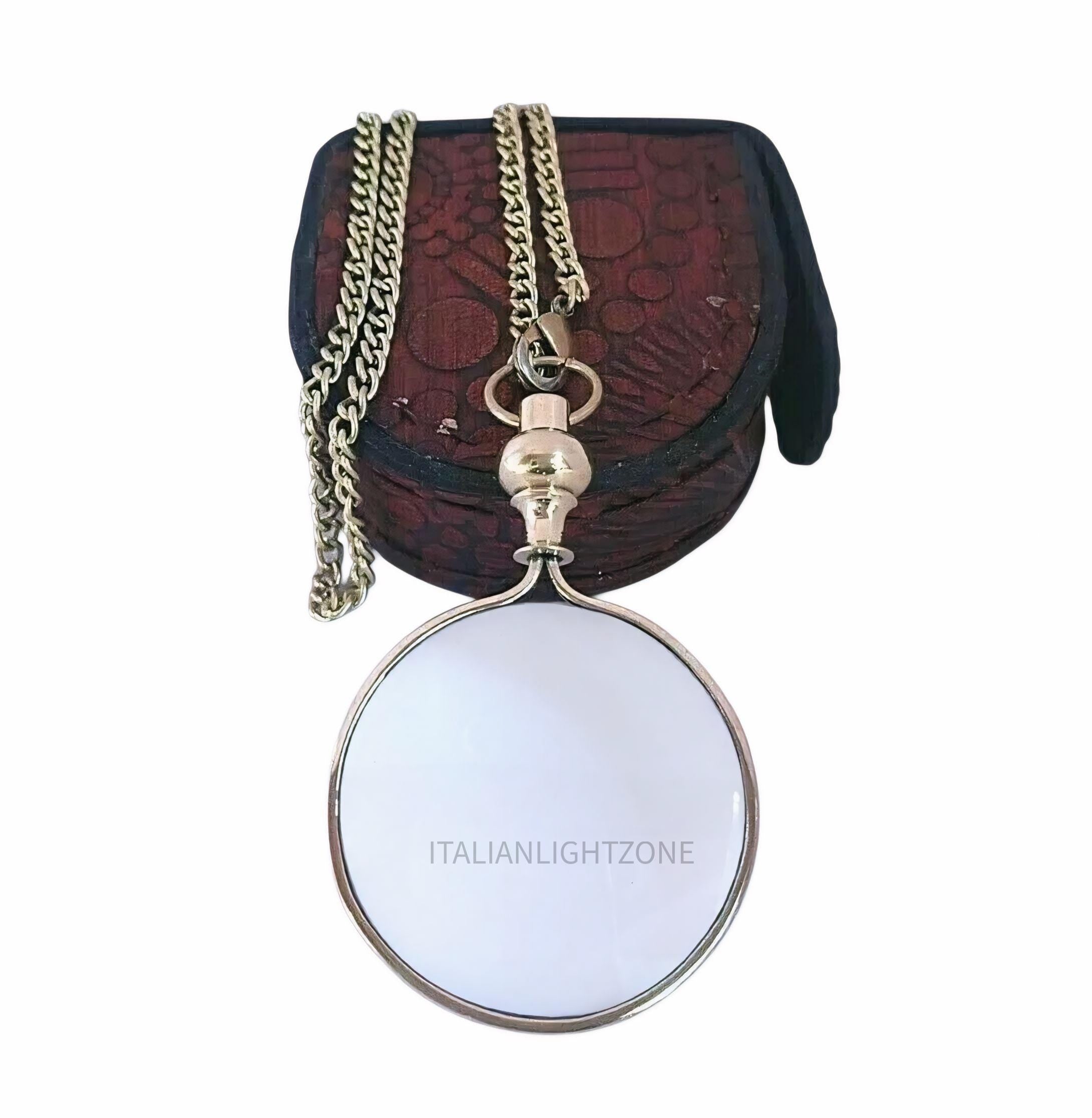 Handmade 90s Mid Century Magnifying Glass Necklace – Vintage Gold Tone Pendant with Chain & Case – Steampunk Reader Gift Jewelry