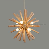 Italian Mid Century Sputnik Chandelier – Modern Wooden Brass Ceiling Light for Dining Room, Living Room, Kitchen Decoration