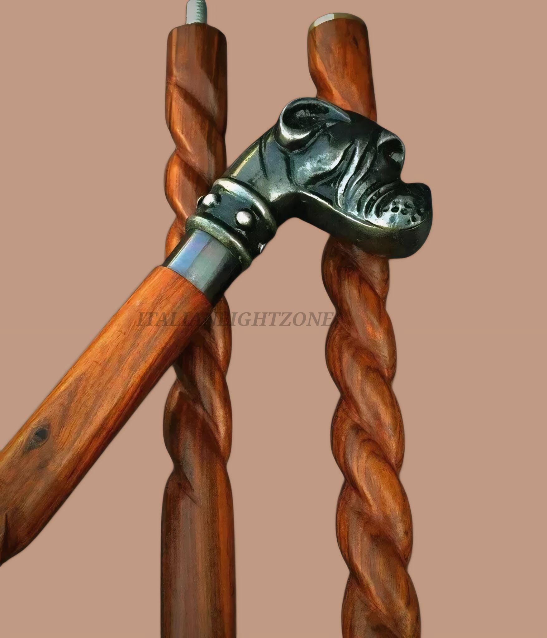 Handmade Vintage Brass Dog Head Walking Cane – Victorian Wooden Walking Stick, Antique Decorative Cane for Dog Lovers, Collectible Gift