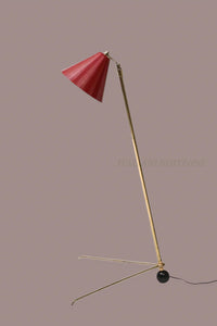 Mid-Century Modern Italian Brass Floor Lamp | Adjustable Vintage Tripod Lamp with Red Shade | Retro Designer Home Lighting & Room