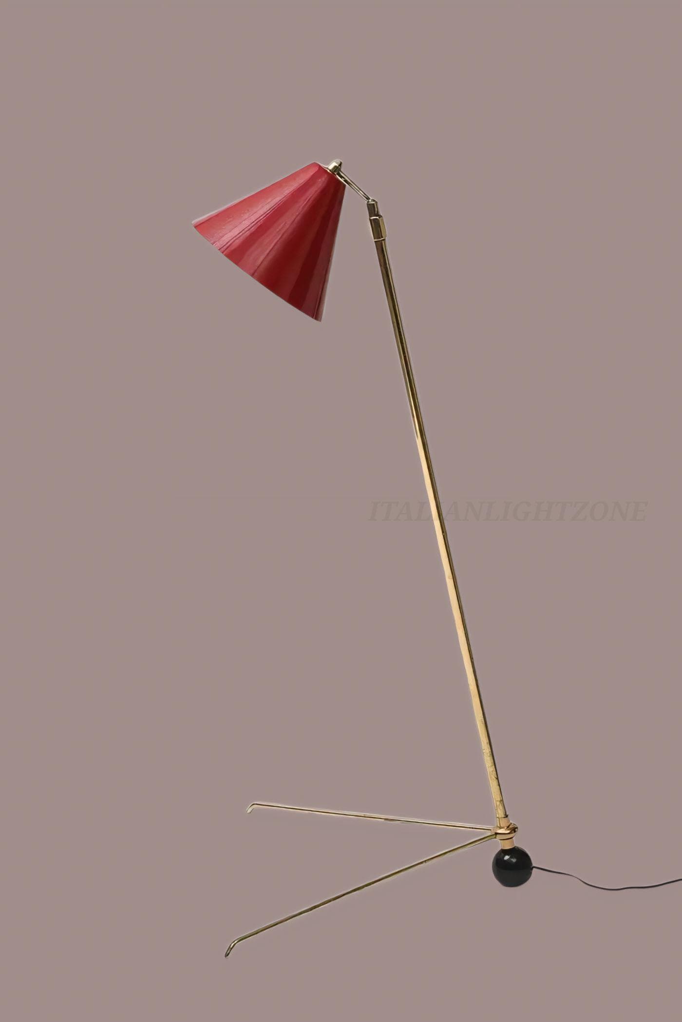 Mid-Century Modern Italian Brass Floor Lamp | Adjustable Vintage Tripod Lamp with Red Shade | Retro Designer Home Lighting & Room