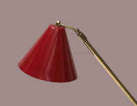 Mid-Century Modern Italian Brass Floor Lamp | Adjustable Vintage Tripod Lamp with Red Shade | Retro Designer Home Lighting & Room