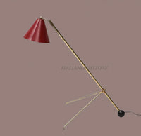 Mid-Century Modern Italian Brass Floor Lamp | Adjustable Vintage Tripod Lamp with Red Shade | Retro Designer Home Lighting & Room