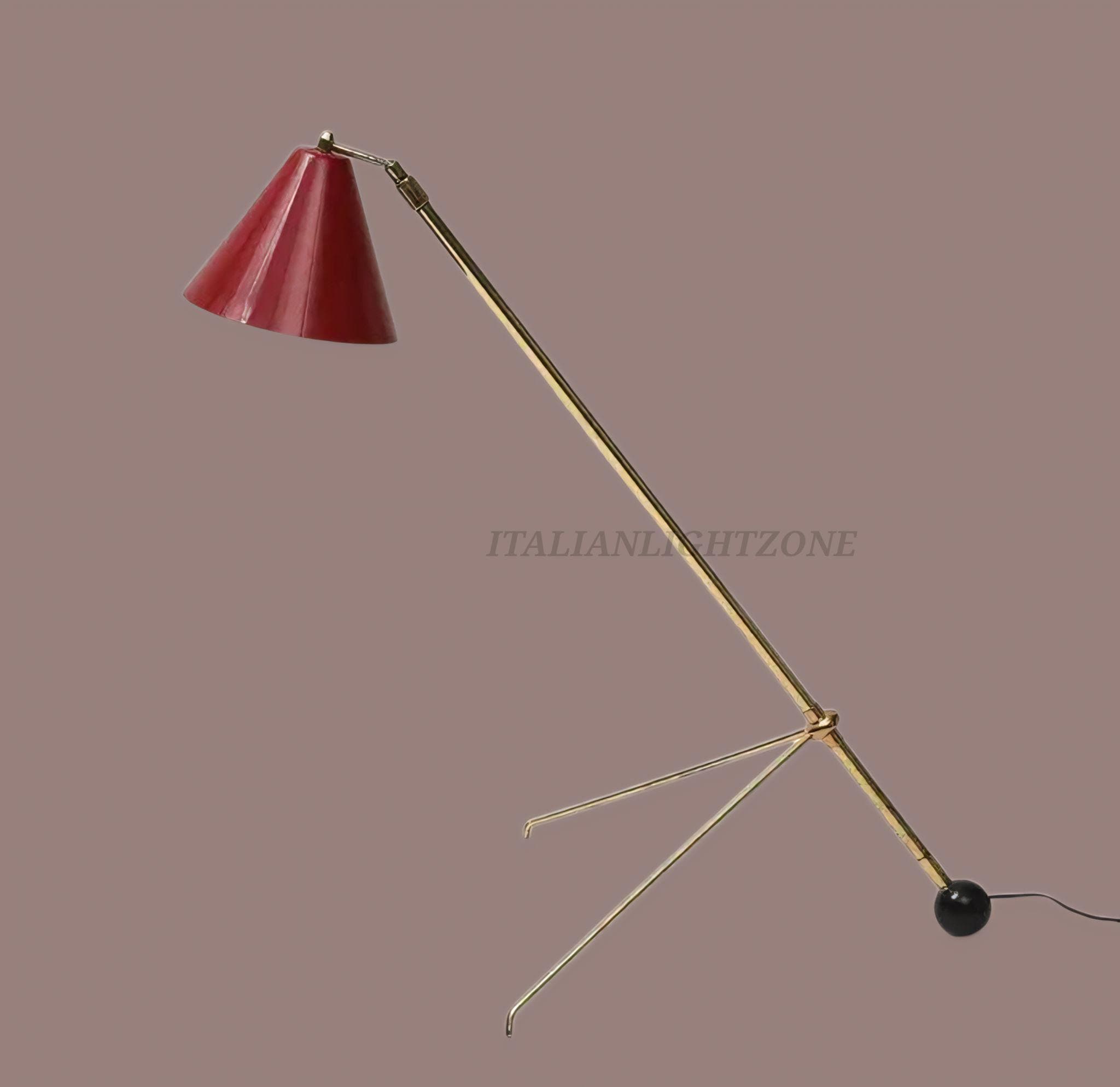 Mid-Century Modern Italian Brass Floor Lamp | Adjustable Vintage Tripod Lamp with Red Shade | Retro Designer Home Lighting & Room