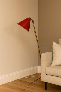 Mid-Century Modern Italian Brass Floor Lamp | Adjustable Vintage Tripod Lamp with Red Shade | Retro Designer Home Lighting & Room