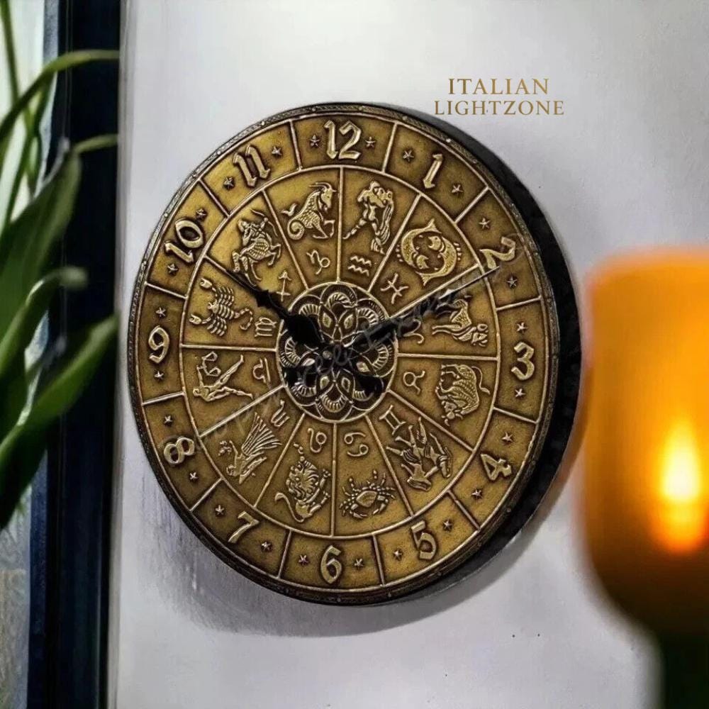 Vintage Zodiac Wall Clock – Handmade Brass & Wood Astrology Clock – Antique Horoscope Wall Decor – Celestial Timepiece – Spiritual Home