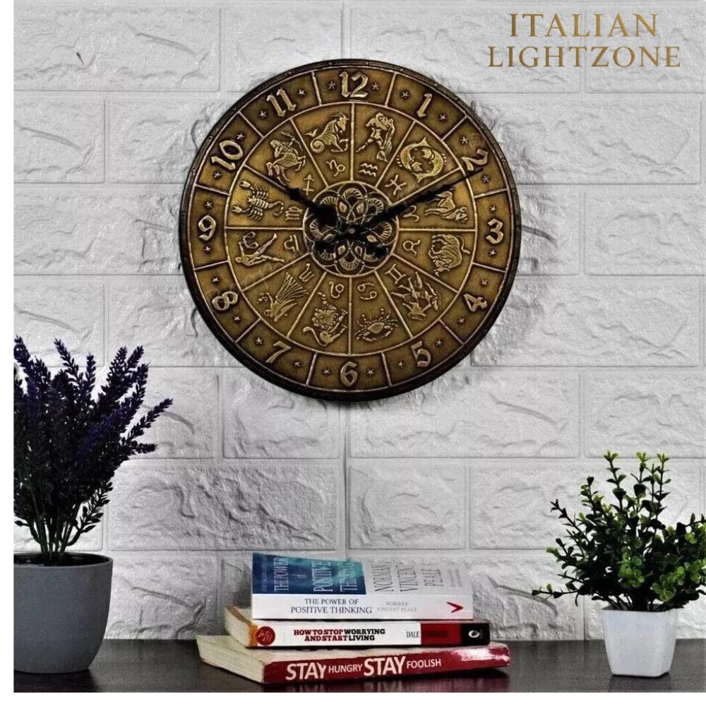 Vintage Zodiac Wall Clock – Handmade Brass & Wood Astrology Clock – Antique Horoscope Wall Decor – Celestial Timepiece – Spiritual Home
