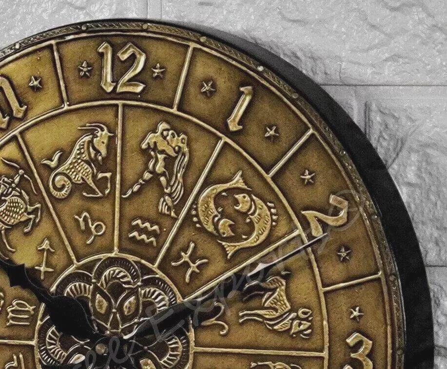 Vintage Zodiac Wall Clock – Handmade Brass & Wood Astrology Clock – Antique Horoscope Wall Decor – Celestial Timepiece – Spiritual Home