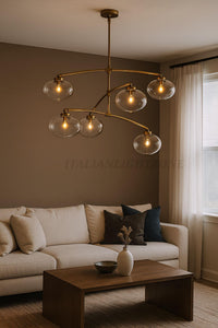 Mid Century Modern Brass Chandelier 6 Light Glass Globe Ceiling Pendant 1950s Style Vintage Home Décor Lighting Fixture Pendant Home Decor