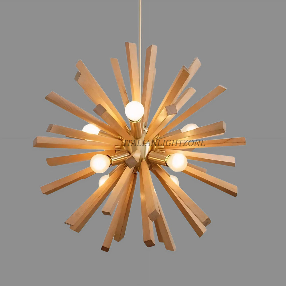 Italian Mid Century Sputnik Chandelier – Modern Wooden Brass Ceiling Light for Dining Room, Living Room, Kitchen Decoration