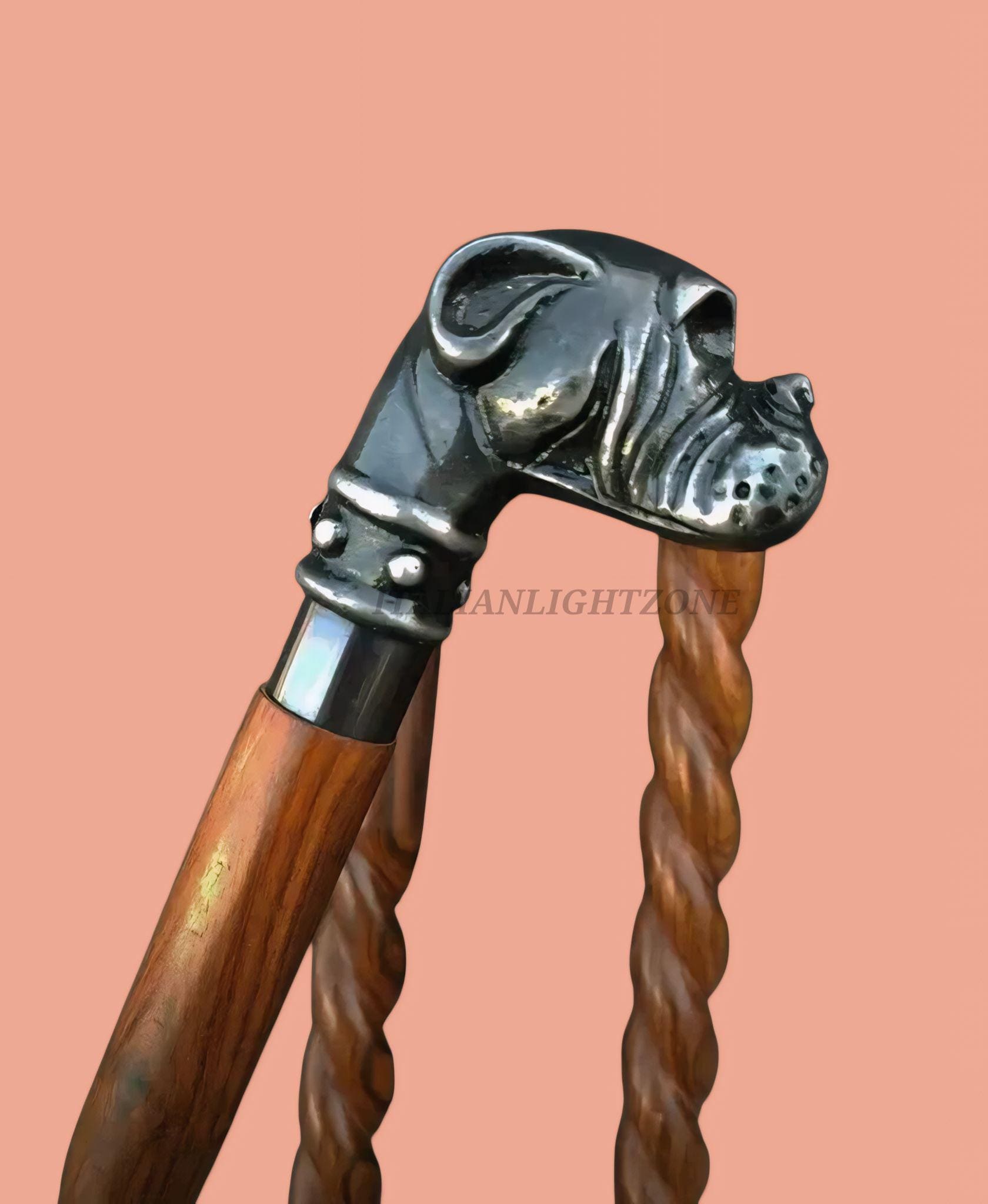 Handmade Vintage Brass Dog Head Walking Cane – Victorian Wooden Walking Stick, Antique Decorative Cane for Dog Lovers, Collectible Gift