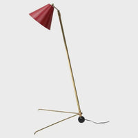 Mid-Century Modern Italian Brass Floor Lamp | Adjustable Vintage Tripod Lamp with Red Shade | Retro Designer Home Lighting & Room
