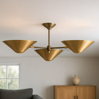 Mid Century Modern Brass Chandelier – 3-Light Cone Pendant | Vintage Handmade Ceiling Fixture for Dining Room, Kitchen, or Living Room