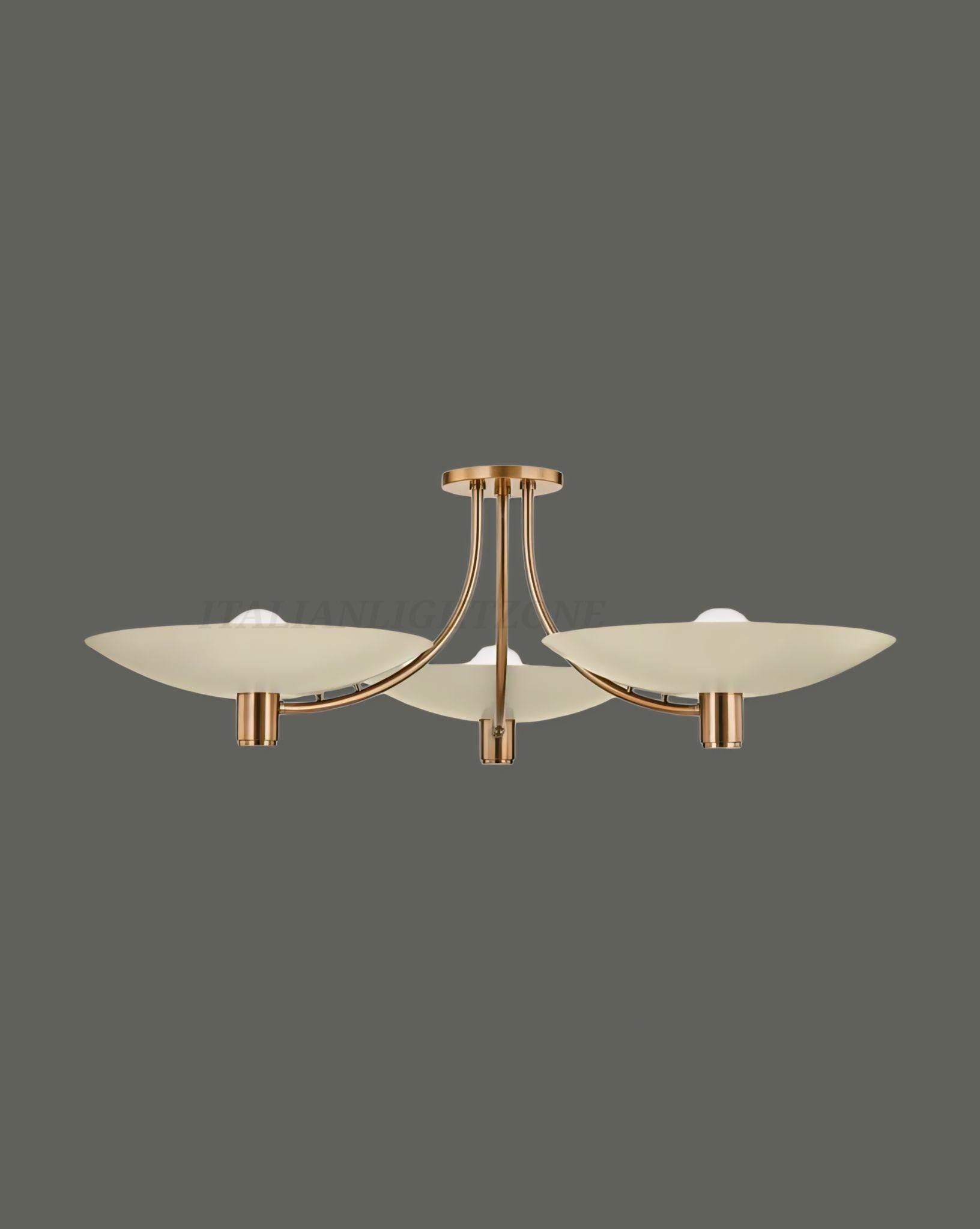 Modern Brass 3-Light Chandelier with Cream Shades finish– Mid Century Flush Mount Ceiling Light for Dining or Living Room Decor