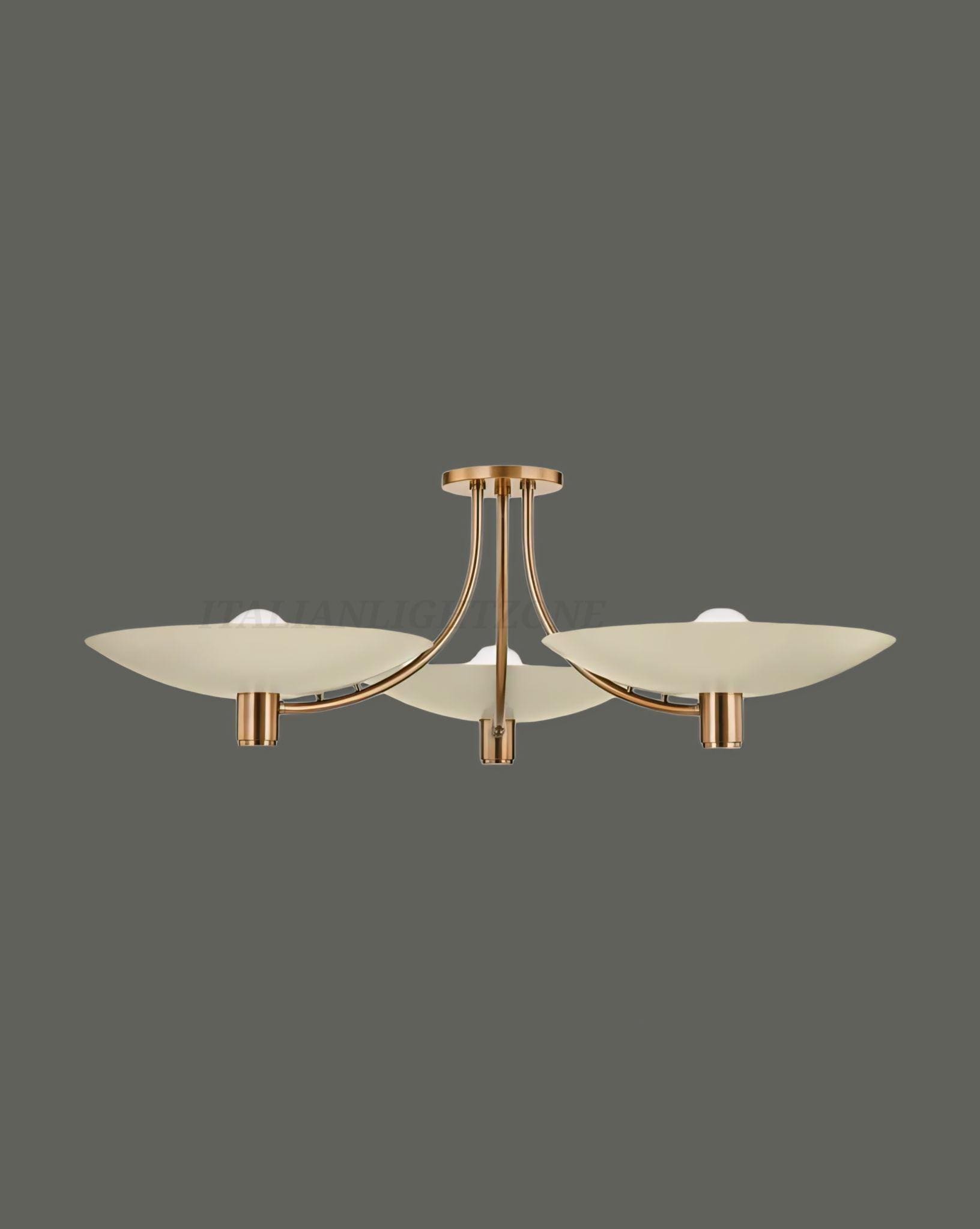 Modern Brass 3-Light Chandelier with Cream Shades finish– Mid Century Flush Mount Ceiling Light for Dining or Living Room Decor