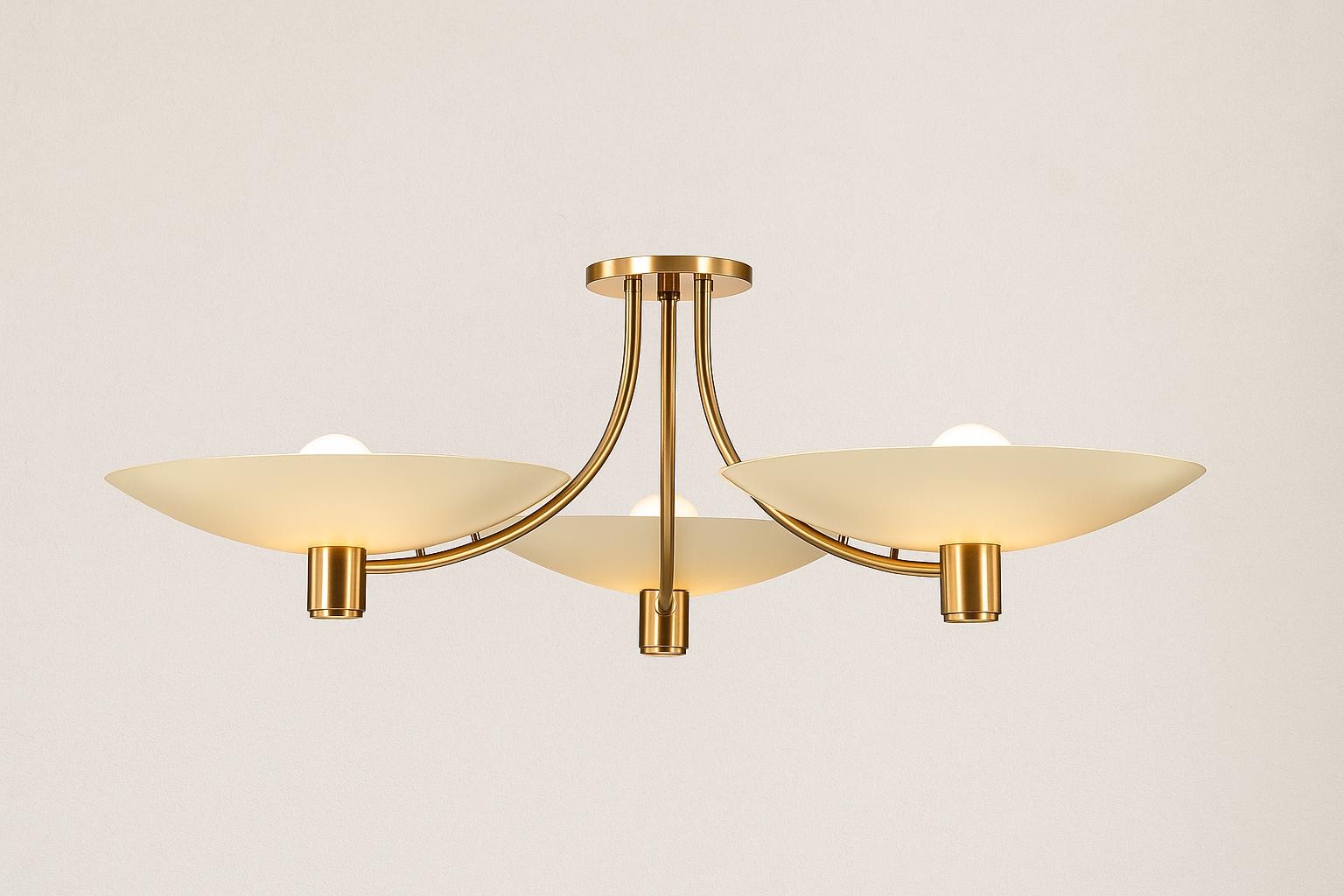 Modern Brass 3-Light Chandelier with Cream Shades finish– Mid Century Flush Mount Ceiling Light for Dining or Living Room Decor