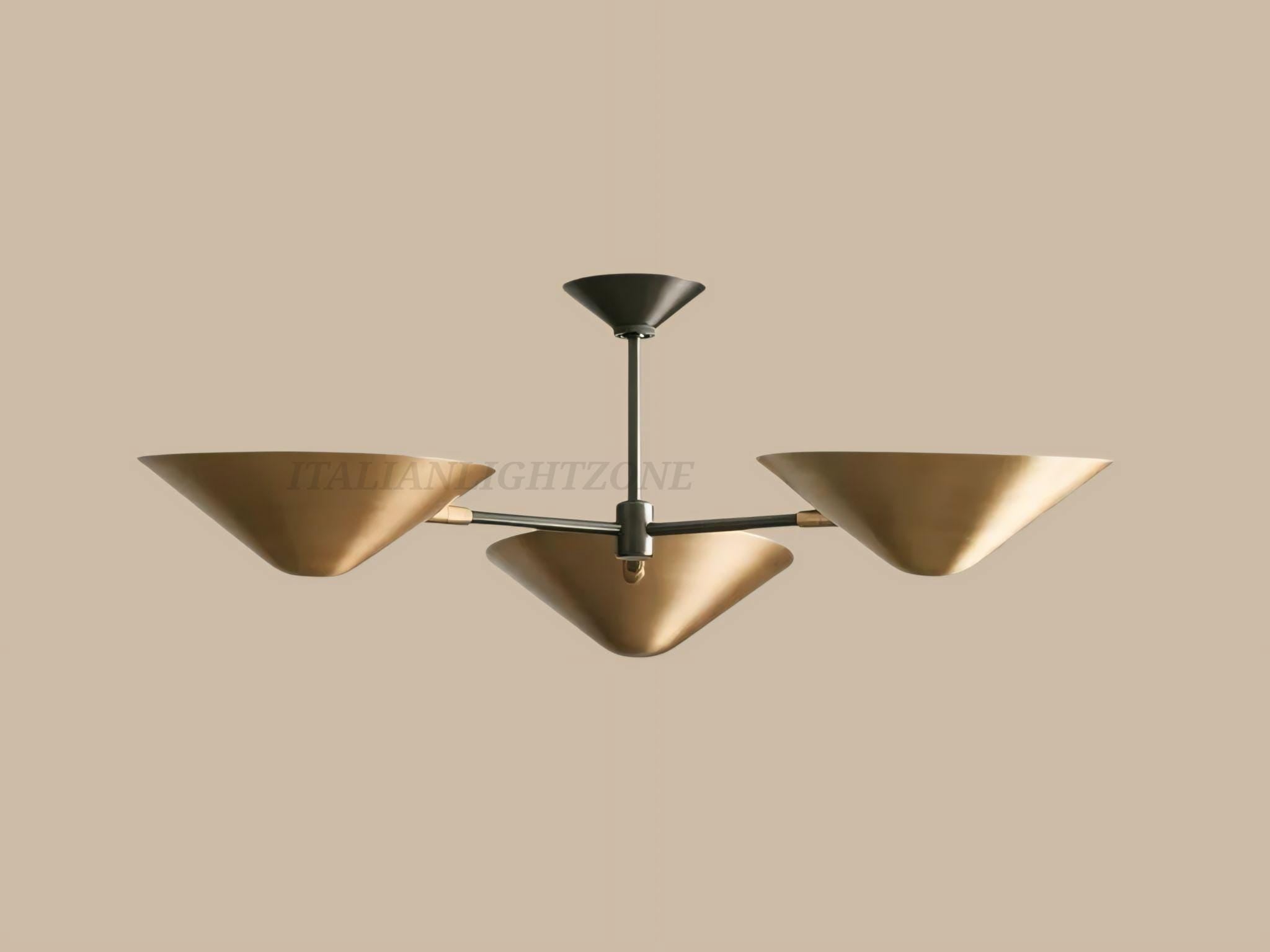 Mid Century Modern Brass Chandelier – 3-Light Cone Pendant | Vintage Handmade Ceiling Fixture for Dining Room, Kitchen, or Living Room