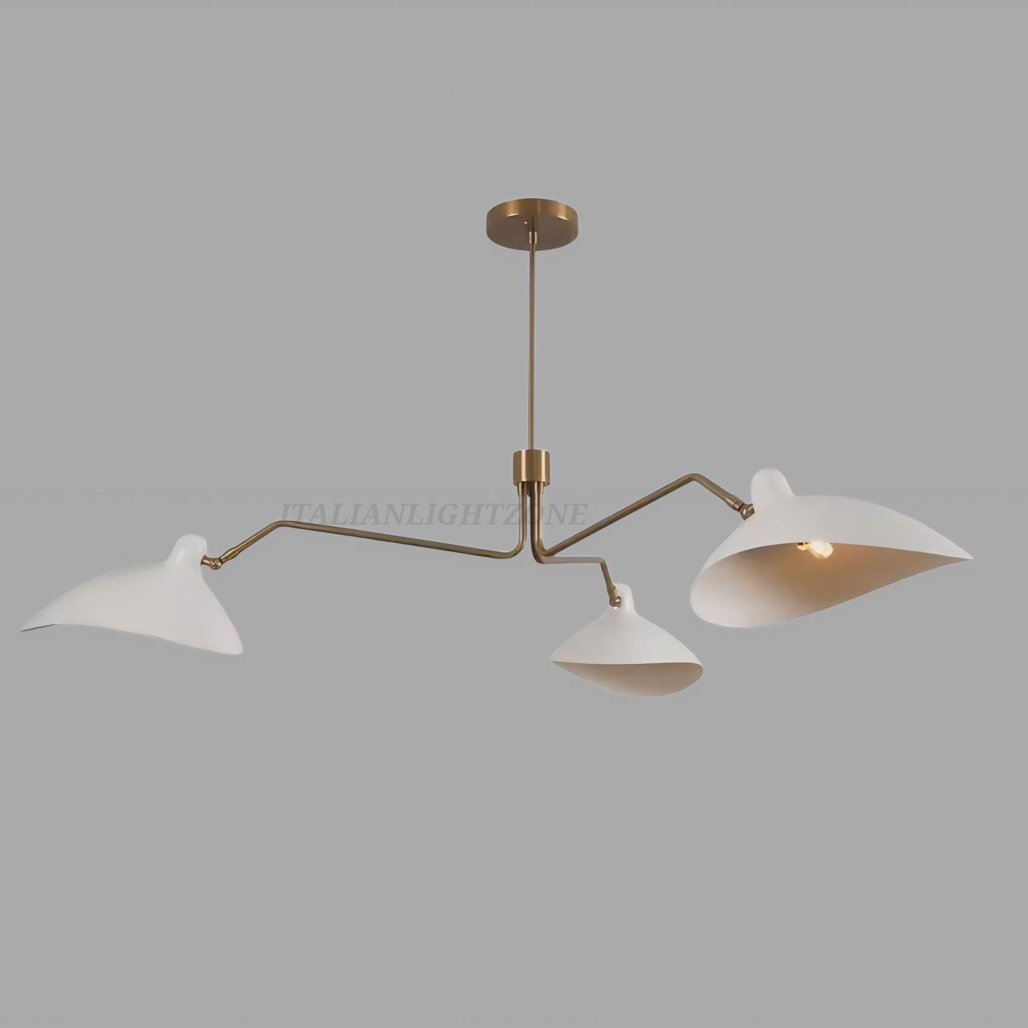Handmade 3 Light Mid Century Modern Brass Chandelier | White Curved Shades Sputnik Ceiling Light | Semi Flush Mount Pendant Fixture