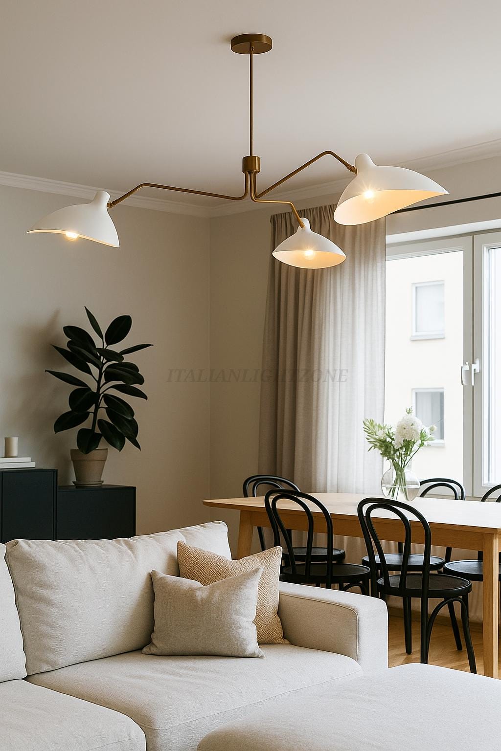 Handmade 3 Light Mid Century Modern Brass Chandelier | White Curved Shades Sputnik Ceiling Light | Semi Flush Mount Pendant Fixture