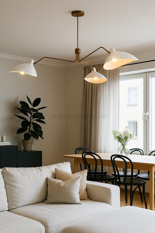 Handmade 3 Light Mid Century Modern Brass Chandelier | White Curved Shades Sputnik Ceiling Light | Semi Flush Mount Pendant Fixture
