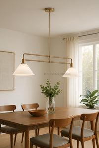 Mid Century Modern 2-Light Brass Pendant Chandelier | Adjustable Linear Ceiling Light for Kitchen Island, Dining Room, Minimalist Design