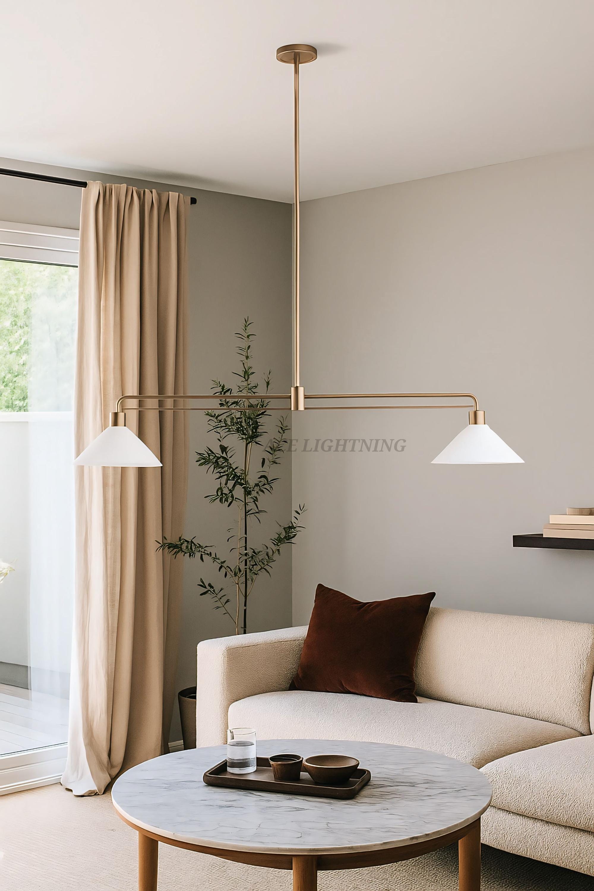 Mid Century Modern 2-Light Brass Pendant Chandelier | Adjustable Linear Ceiling Light for Kitchen Island, Dining Room, Minimalist Design