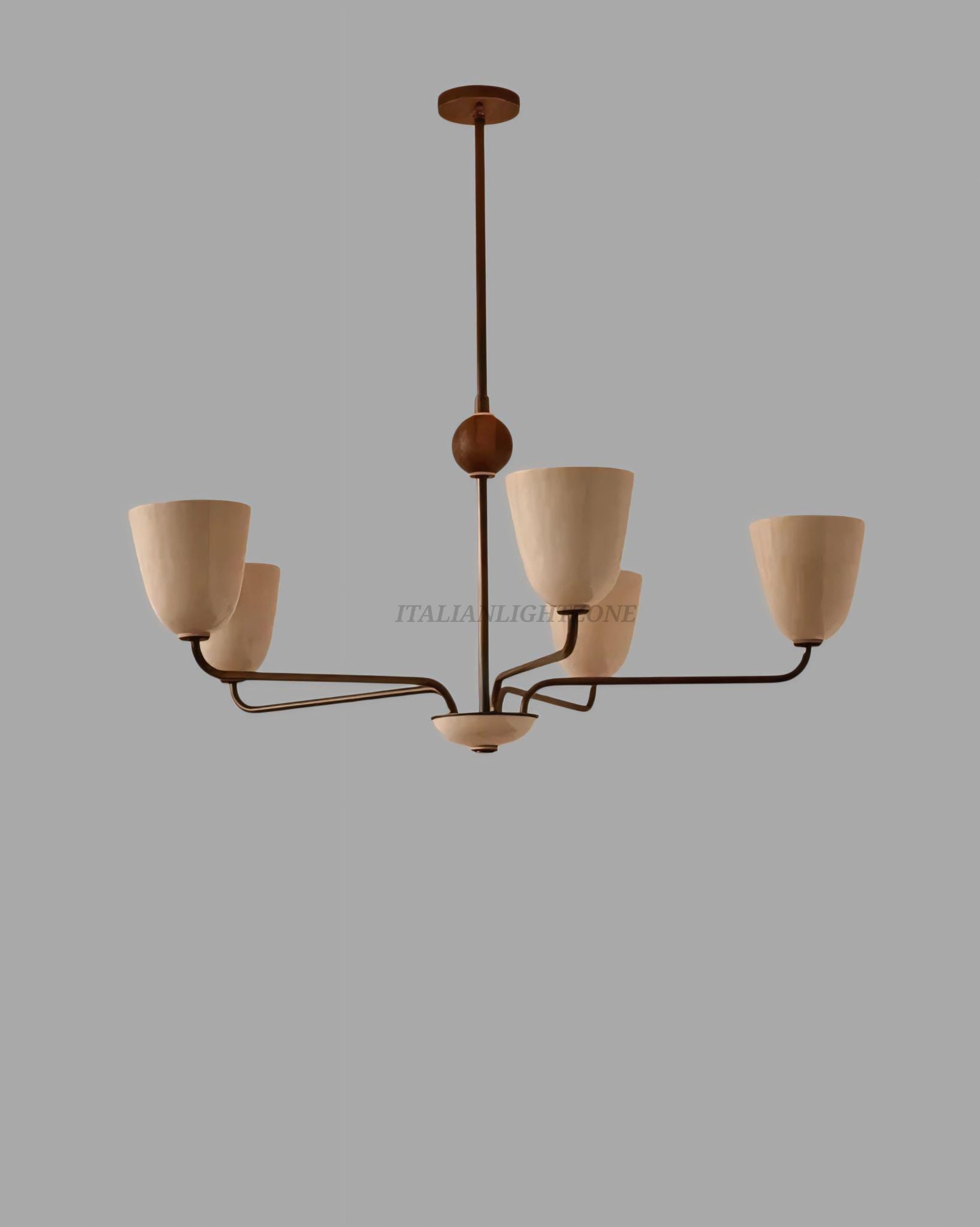 Mid Century Modern Chandelier | 1950s Italian Vintage Ceiling Light | 5-Light Cream Shade Retro Pendant for Living Room