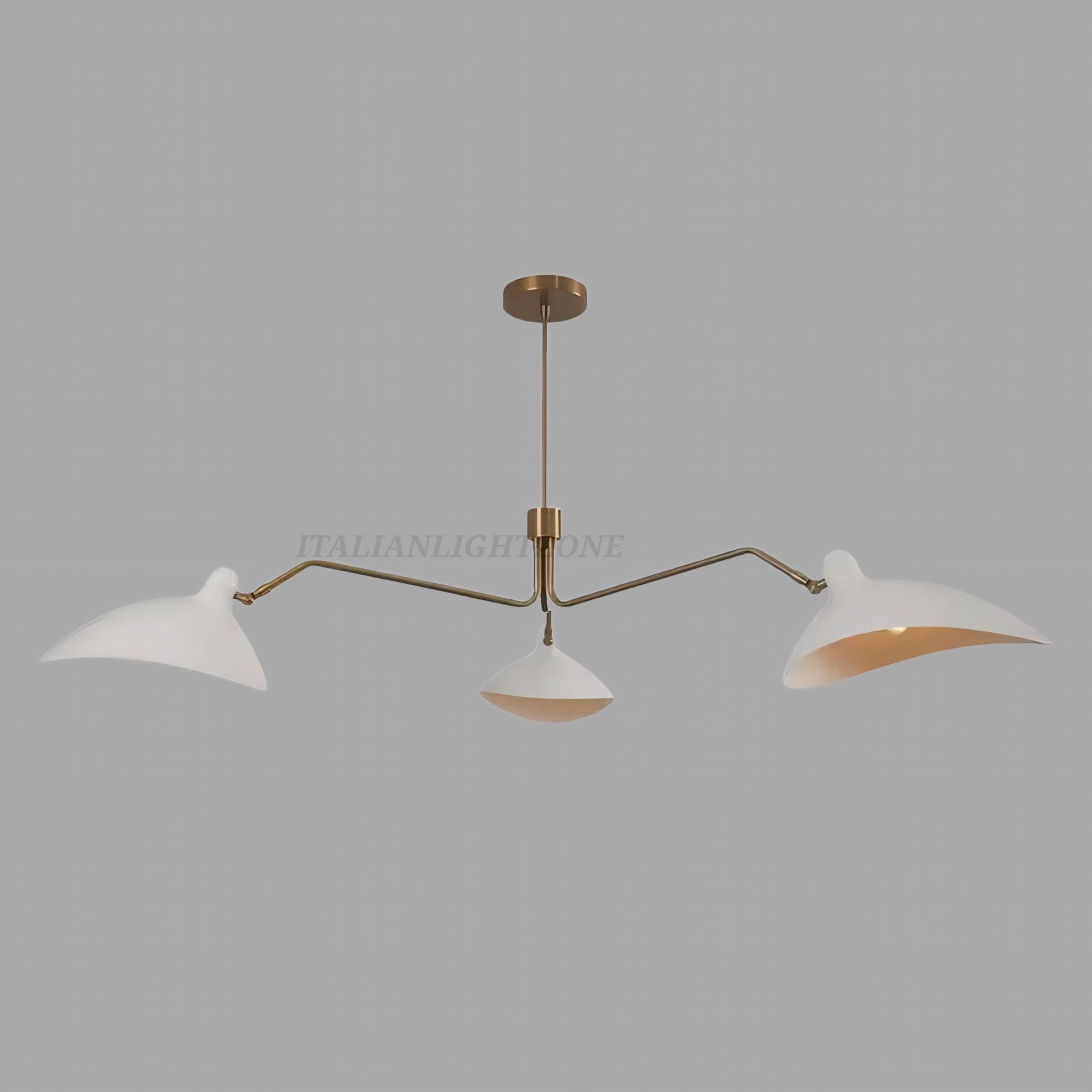 Handmade 3 Light Mid Century Modern Brass Chandelier | White Curved Shades Sputnik Ceiling Light | Semi Flush Mount Pendant Fixture