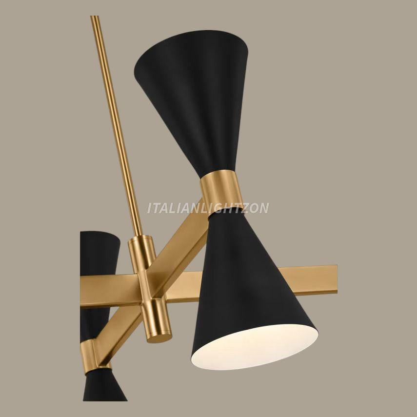 Mid-Century Modern Brass Chandelier - Black Cone Pendant, Linear Light
