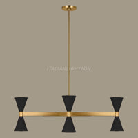 Mid-Century Modern Brass Chandelier - Black Cone Pendant, Linear Light