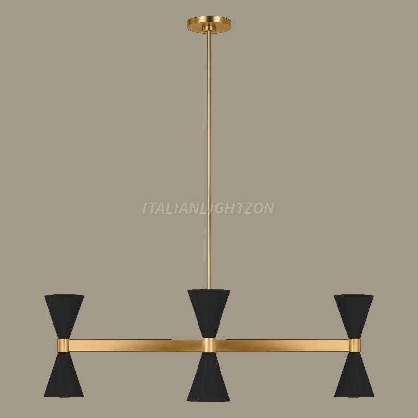 Mid-Century Modern Brass Chandelier - Black Cone Pendant, Linear Light