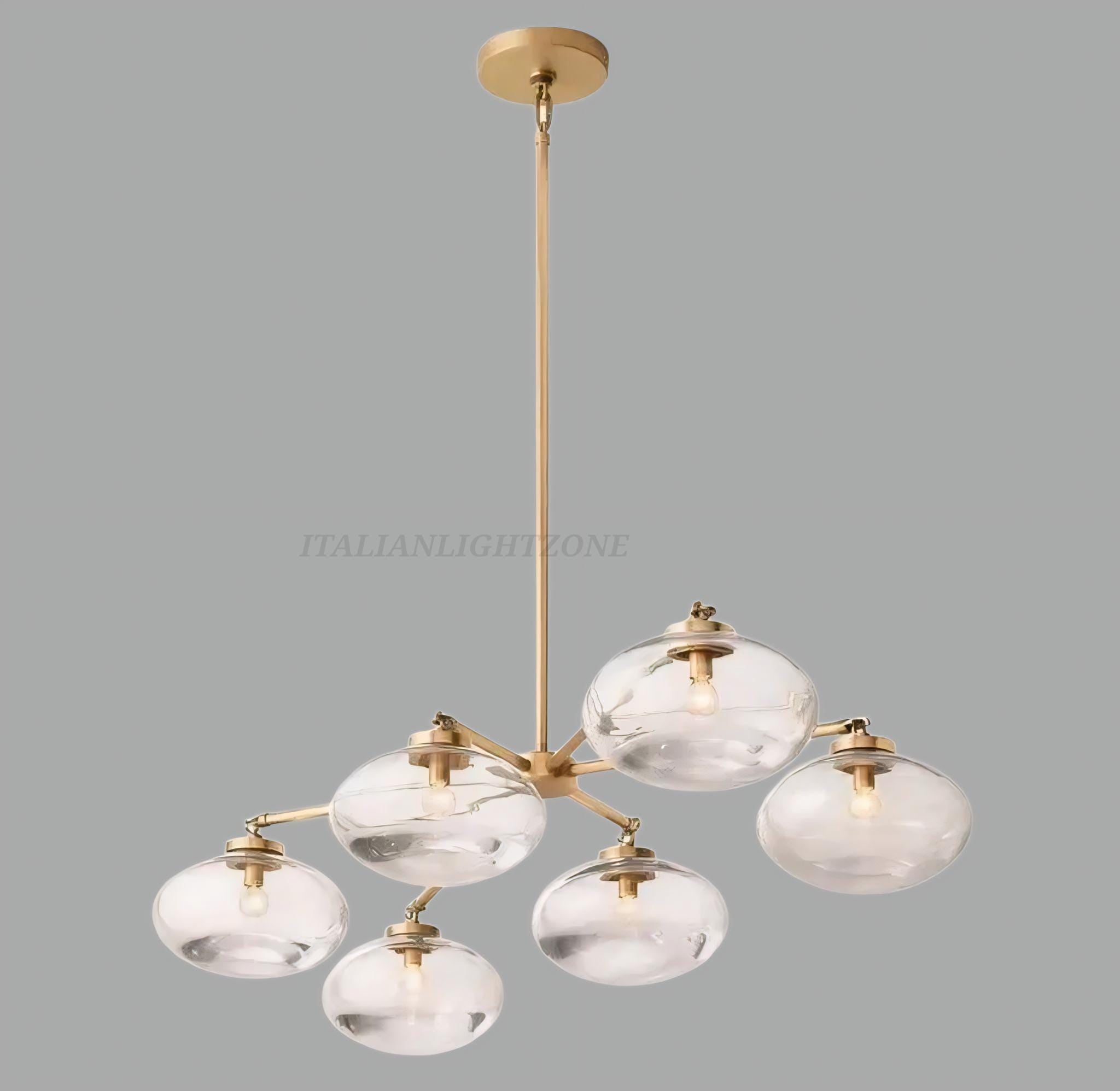 1950s Mid Century Modern Antique Brass Chandelier - Italian 6 Light Globe Ceiling Lamp for Dining Room or Kitchen