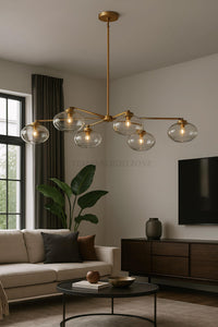 1950s Mid Century Modern Antique Brass Chandelier - Italian 6 Light Globe Ceiling Lamp for Dining Room or Kitchen