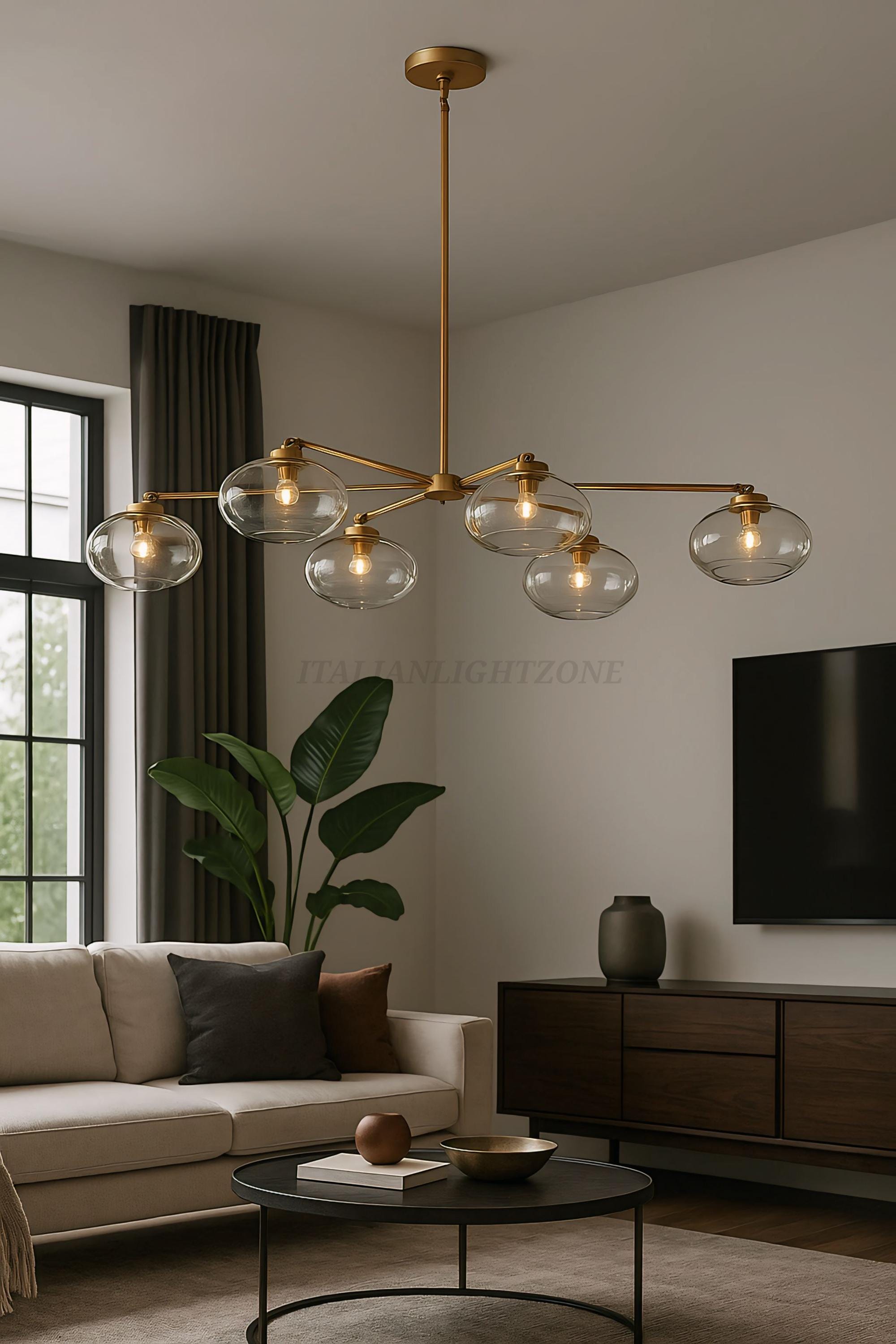 1950s Mid Century Modern Antique Brass Chandelier - Italian 6 Light Globe Ceiling Lamp for Dining Room or Kitchen