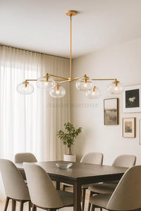 1950s Mid Century Modern Antique Brass Chandelier - Italian 6 Light Globe Ceiling Lamp for Dining Room or Kitchen