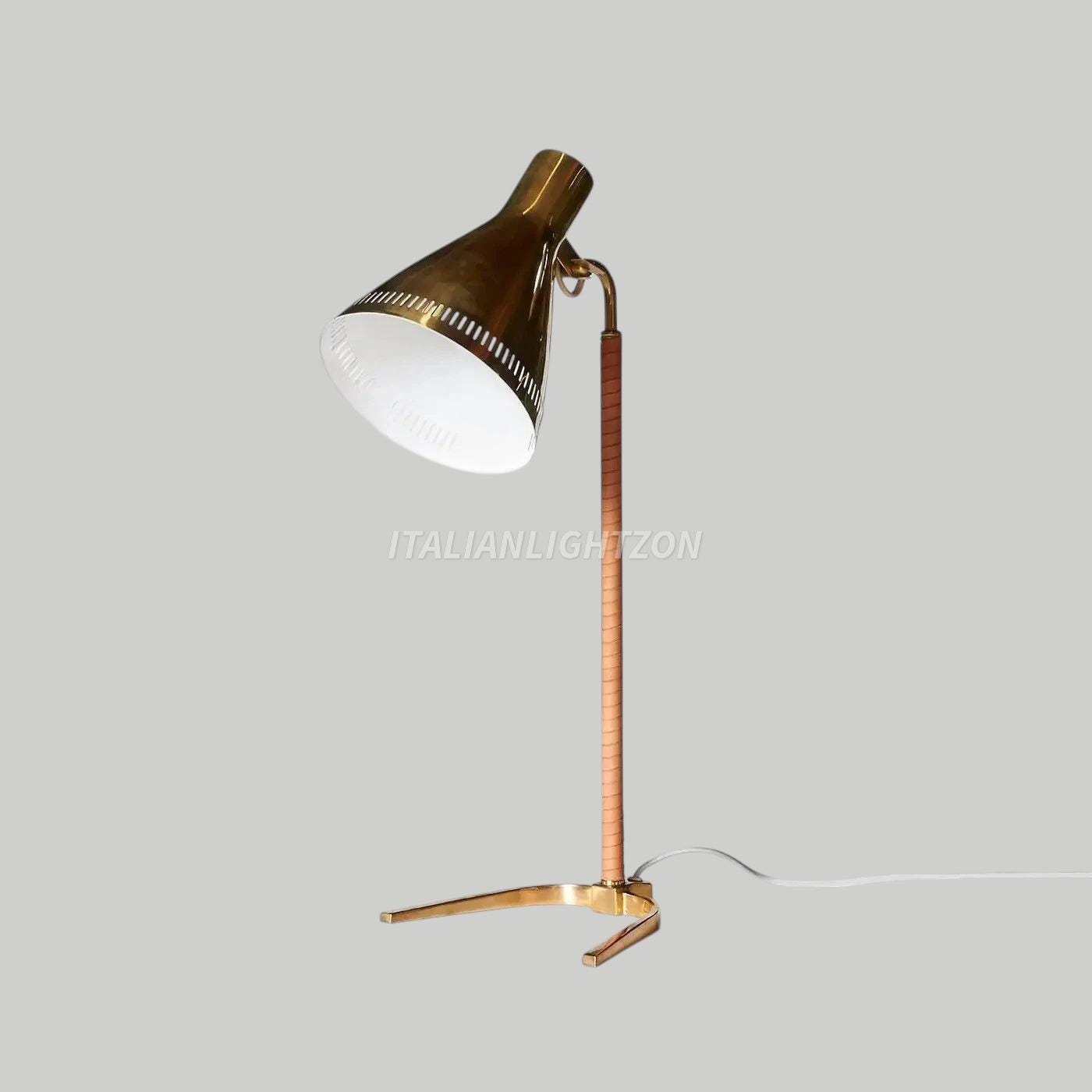 Mid Century Modern Brass Table Lamp with Leather | Italian Vintage Desk Light | Retro Bedside Lighting Decor