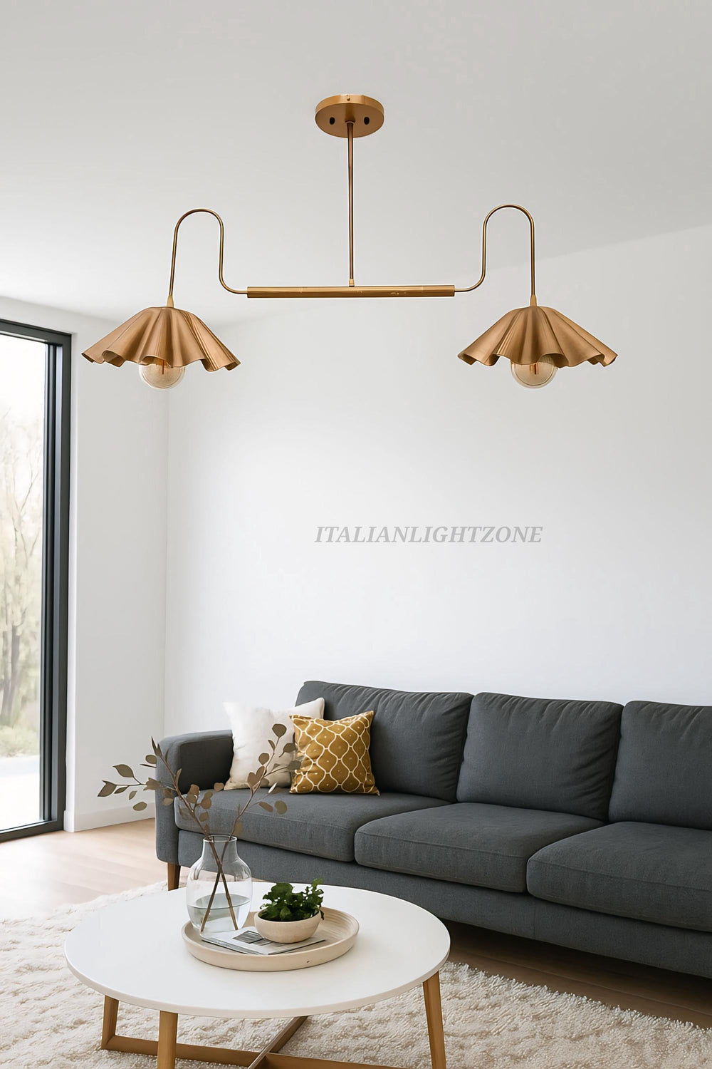 Mid Century Modern Brass Chandelier | Handmade Italian Pendant Light | 2-Light Sputnik Ceiling Fixture | Custom Finish Flush Mount